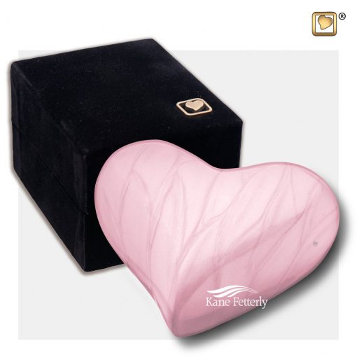 Pink heart miniature urn shown with box