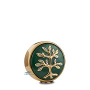 Round-shaped miniature urn with tree of life featuring a green enamel and a polished gold finish.