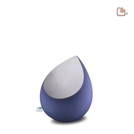 Teardrop-shaped miniature urn with a matte blue and a pewter brushed finish.