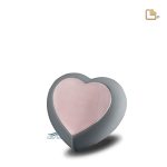 Heart-shaped miniature urn with a matte grey and a rose gold brushed finish.