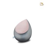 Teardrop-shaped miniature urn with a matte gray and rose gold brushed finish