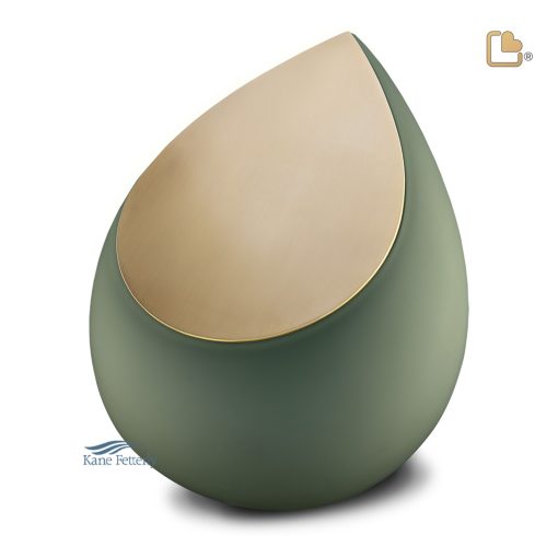 Teardrop-shaped urn with a green and a gold brushed finish.