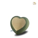 Heart-shaped miniature urn with a matte green and a gold brushed finish.