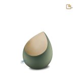 Teardrop-shaped miniature urn with a matte green and a gold brushed finish.