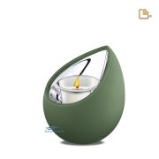 Tealight keepsake urn with a matte green and a polished silver finish.