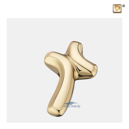 Urne miniature en forme de croix avec une finition en or poli.
