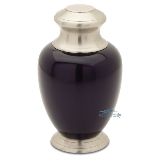 Metal alloy urn with a glossy plum finish and brushed silver accents
