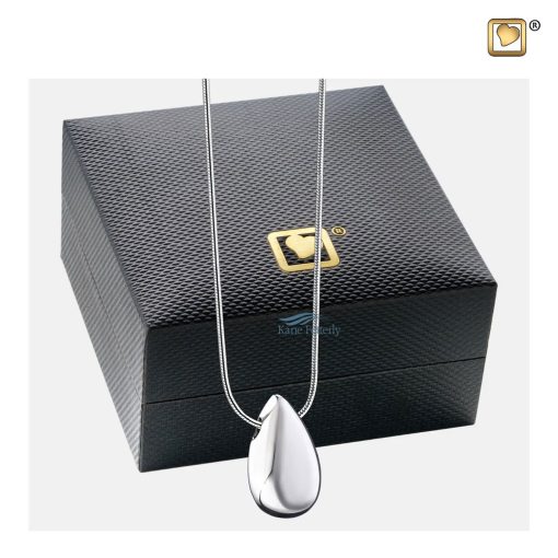 Teardrop pendant for ashes shown with jewelry box
