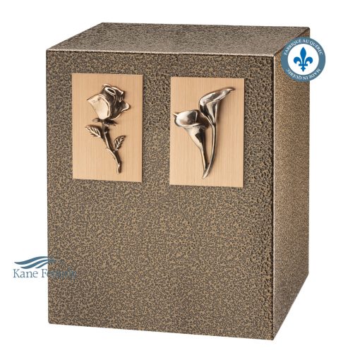 Zinc and bronze double urn shown with calla lily and rose ornaments