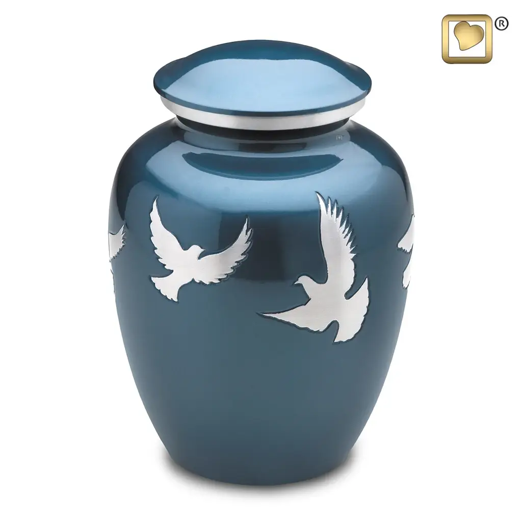 Blue cremation urn with silver engraved doves available at Kane Fetterly Funeral Home in Montreal