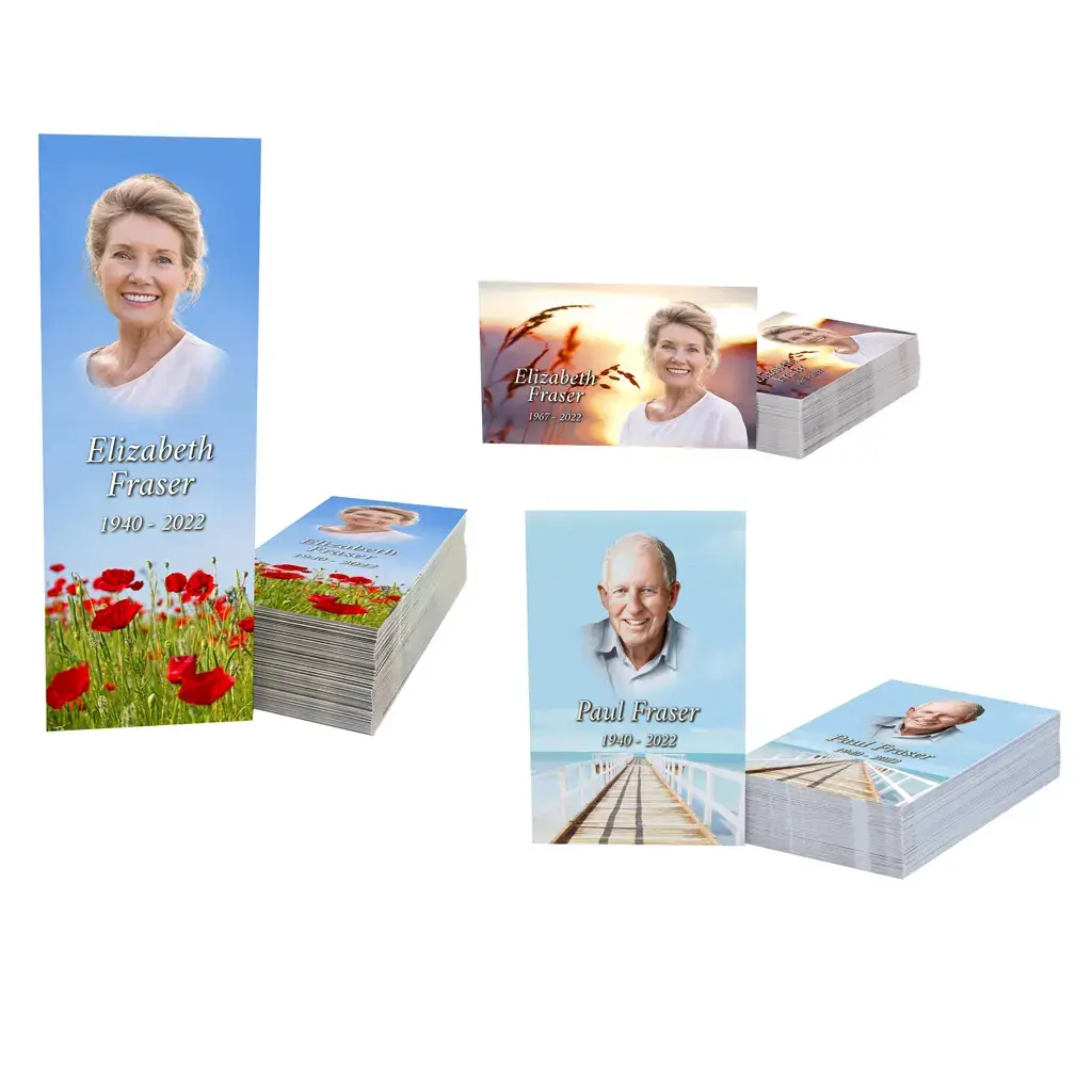 Personalized memorial bookmarks and cards offered by Kane Fetterly Funeral Home